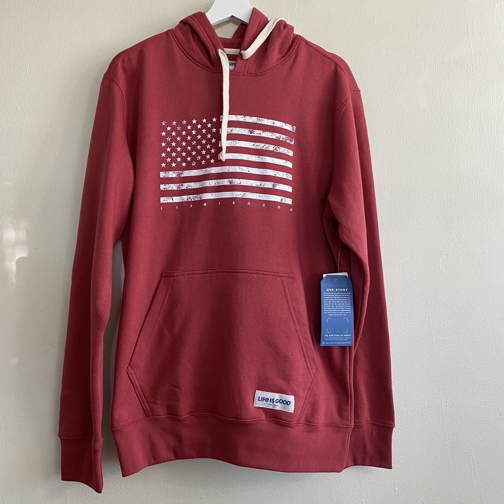 Life Is Good USA‎ Flag Hoodie MensRed Pullover  Size M Kanga Pocket Long Sleeve